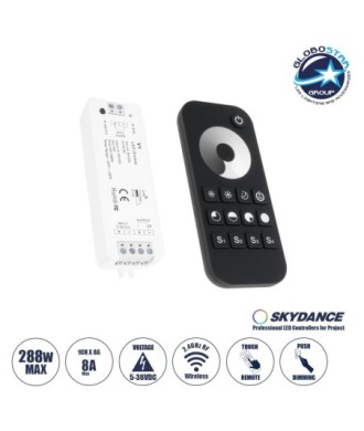 GloboStar® 73118 RT1+V1 SKYDANCE ΣΕΤ Dimmer & Ασύρματο Χειριστήριο Αφής 1 Group RF 2.4Ghz 8A Max DC 5-36V (288W) - DC 3V IP20 - 5 Χρόνια Εγγύηση